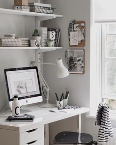 a white desk with a computer on top of it