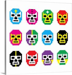 an image of pixel art with different colors and skulls on the front, including red, yellow, blue, green, pink, purple