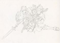 a pencil drawing of two people holding swords