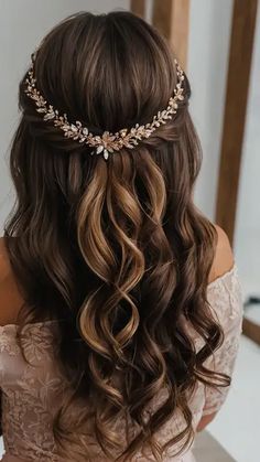 Hairstyles With Tiara Prom, Hair Accessories Hairstyles, Prom Hair Accessories Gold, Hairstules With Crown, Bridesmaid Hairstyles With Tiara, Hair Vine Hairstyles Half Up, Hairstyle Pictures, Greek Mythology Hairstyles, Bridal Hair Down With Headpiece