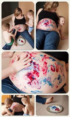 a pregnant woman with her baby on the belly and other pictures showing it being painted