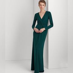 Lauren Ralph Lauren Twist Front Gown In Green, Size 16 New With Tag, Retail $225 Cut From A Body-Clinging Jersey, This Stunning Evening Gown Is Characterized By A Chic Twisted Detail At The Waist. A-Line Silhouette. Intended To Hit At The Floor. Details: V-Neck Long Sleeves Front Twist Detail At Waist Back Concealed Zip With Hook-And-Eye Closure Lined In Body Shell & Lining: 94% Polyester/6% Elastane Dry Clean Dr-2 Elegant Full-length Ruched Dress, Elegant Full Length Ruched Dress, Elegant Green Gown With Ruched Detail, Elegant Green Ruched Gown, Cashmere Sweater Dress, Zip Front Dress, Evening Gown Dresses, Linen Shirt Dress, Floral Shift Dress