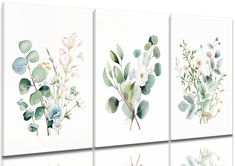 three paintings with flowers and leaves on them