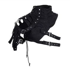 a black leather garter with metal straps and rivets on the sides, attached to