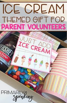 an ice cream themed gift for parent volunteers in a box filled with candy and candies