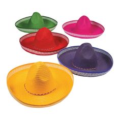 three different colored hats are shown in the same color as each hat, and one has a straw brimmed crown on top