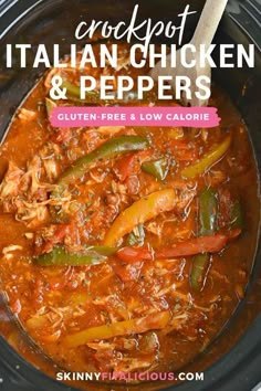 crockpot italian chicken and peppers in a slow cooker with text overlay