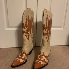 These Comfortable Brand New Size 11 Pointed Cowboy Boots- Well Cowgirl Boots- Have Never Been Worn Before. Box Is Available As Well. Brown Boots For Ranch In Spring, Brown Heeled Boots For Rodeo In Spring, Fall Rodeo Brown Mid-calf Boots, Brown Heeled Boots For Rodeo Spring Season, Brown Knee-high Heeled Boots For Rodeo, Western Brown Knee-high Boots With Round Toe, Brown Knee-high Boots For Rodeo, Trendy Leather Boots For Western-themed Events, Western Cream Heeled Boots With Round Toe