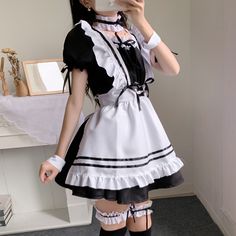 Women Black Lolita Maid Dress Outfit Clothing Condition: Brand NewColor: Blue/Pink/Black/RedSize: S-5XLMaterial: Cotton and PolyesterIncluded: Dress+Apron+headdress+collar+leg ring * 2 + sleeve * 2 1950s Maid Uniform, Maid Uniform Modern, Cute Maid Outfit, Maid Dress Uniform, Maid Outfit Cosplay, Maid Girl, Uniform Clothes, Leg Ring, Dress Apron