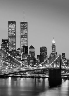 the city skyline is lit up at night with skyscrapers in the foreground and a red line across the bridge