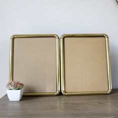 two gold frames sitting on top of a wooden table next to a potted plant