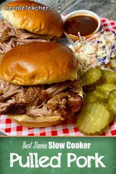 pulled pork sandwich with coleslaw and pickles on the side