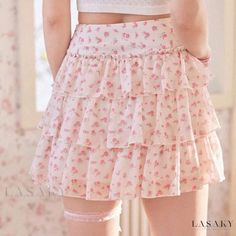 Lasaky - Sweet Floral Organza Cake Skirt with Pleats and Contrasting Hem Floral Mini Skirt Outfit, Kawaii Skirt, Skirt With Pleats, Rok Mini, Crochet Skirt Pattern, Cake Skirt, Ruffle Hem Skirt, Cute Skirt Outfits, Pretty Skirts