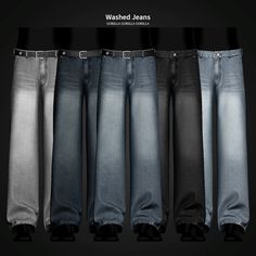 five pairs of jeans are lined up in a row, with the words washed jeans on them