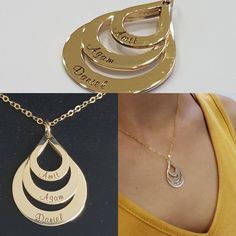 three different types of personalized necklaces with names on them, and gold or silver