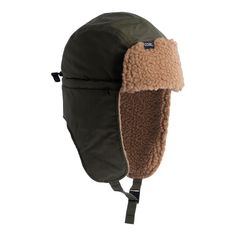 the north face ear flap hat is shown in olive green and has a brown flee lining