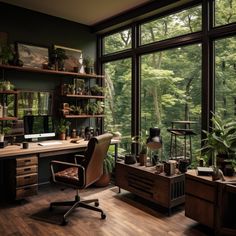 a home office with large windows and lots of greenery on the desk, in front of a forest view