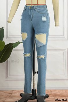 Olivia Mark - Womens Light Blue Solid Denim Jeans: Distinctive Ripped Patchwork and Sleek High Waist Fit Jeans Online, Ripped Denim, Women Denim Jeans, High Waisted Denim, Wholesale Fashion, Casual Jeans, High Waist Jeans, Deep Blue, Denim Jeans