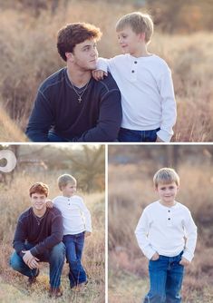 two boys and their father are posing for pictures in the grass, one boy is holding his dad's shoulder