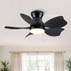 a black ceiling fan in a living room