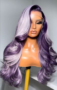 Baddie Purple Prom Dress, Purple And Blonde Hair Black Women, Light Purple Wig Black Women, Birthday Hair Color Ideas, Purple Highlight Wig, Purple Wigs Black Women, Purple Frontal Wig, Purple Dress Photoshoot, Purple Hair Black Women