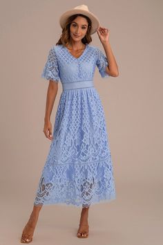 Powder Blue Feminine Style Dress, Buttons Embroidery, Easter Dresses For Women, Embroidery Light, Bridesmaid Dresses With Sleeves, Comfy Dresses, Tea Length Dresses, Flattering Dresses, Embroidery Lace