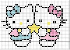 a cross stitch pattern with an image of a hello kitty face in pink, blue and yellow