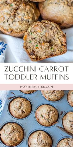 zucchini carrot toddler muffins in a muffin tin with text overlay