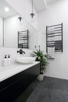 a bathroom with two sinks, mirrors and a potted plant in the middle of the room