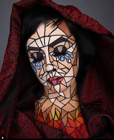 Stained Glass Halloween Costume, Special Fx Halloween Makeup, Stained Glass Makeup Look, Fantasy Stage Makeup, Glamorous Halloween Makeup, Halloween Stage Makeup, Fantasy Makeup Halloween, Half And Half Halloween Makeup, Spooky Halloween Makeup Looks