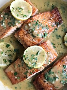 salmon with lemon sauce in a white bowl