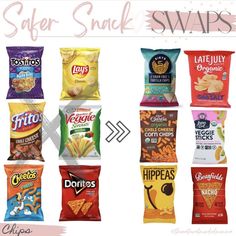 six different types of snack bags with the words, safer snack swaps on them