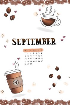 a calendar with coffee and hearts on it