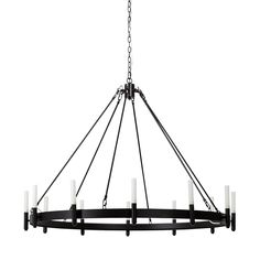 a black chandelier with white candles hanging from it's center and four arms