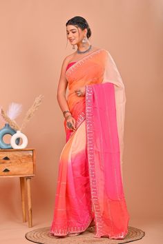 Zardosi Saree Pink Saree Organza Hand Dyed Saree for Bride Saree Embroidered Border Saree Orange Saree Mirror Work Saree Hand Work Saree - Etsy Zardosi Saree, Saree For Bride, Saree Hand Work, Saree Orange, Hand Work Saree, Saree Organza, Bride Saree, Mirror Work Saree, Orange Saree