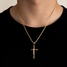 "This 18K gold vermeil cross necklace rope chain is made from the highest quality Italian gold and silver. The Cross Pendant is made from premium quality 316L stainless steel. The pendant and chain are water and sweat resistant. The premium stainless steel is durable & made for everyday wear. Sterling silver jewelry requires little or no maintenance to keep it looking new. The more you wear the chain the less it oxidizes, which makes this chain perfect for everyday wear. Water and tarnish resistant.  These are high quality chains made in Italy coated with 18K yellow gold. Most chains in the market are flash plated, meaning the gold plating is only 0.5 microns thick. Gold vermeil is a refined process that ensures a coating that is at least 3 .0 microns thick. That means these chains are hig Gold Cross Rope Chain Jewelry, Gold Cross Necklace With Rope Chain, Gold Cross Necklace With Rope Chain As A Gift, Gold Rope Chain Cross Jewelry, Mens Gold Cross Necklace, Mens Cross Necklace Gold, Yellow Gold Cross Pendant Necklace With Rope Chain, Yellow Gold Necklace With Rope Chain And Cross Pendant, Mens Solid Gold Cross Necklace