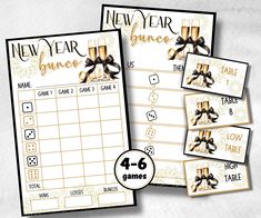 new year's eve game cards with champagne glasses and bows on them, next to each other