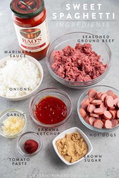 the ingredients to make this meatloaf recipe are shown in separate bowls and labeled