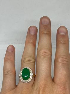 Vintage Lucky Green Nephrite Jade Gold Filled Cocktail Ring Large green nephrite jade gold filled Vintage ring, does not tarnish Size 5.5, 6, 7, 7.5, 8.5 All rings are shipped free in the US in a nice gift box. Check out our over a THOUSAND great reviews Engraving is $4 per letter and is not always perfect depending on the piece. It can take a few days if the jeweler is busy. This is payable to Paypal Judithsltd@gmail.com Green Oval Cabochon Ring With Center Stone, Fine Jade Jewelry Ring, Jade Gemstone Rings For Healing, Fine Jewelry Jade Oval Ring, Green 14k Stamped Round Rings, Green Oval Cabochon Jewelry For Anniversary, Gold Chrysoprase Rings For Anniversary, Green 14k Stamped Ring, Oval Jade Rings Hallmarked