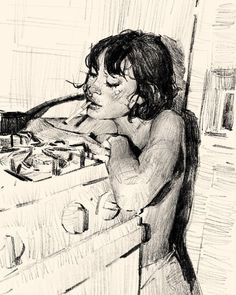 a black and white drawing of a person sitting at a table