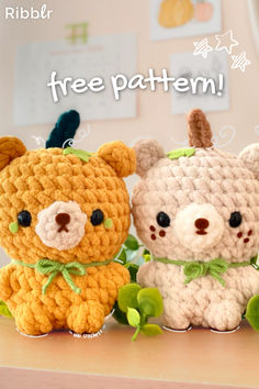 three crocheted teddy bears sitting next to each other on a table with the caption free pattern