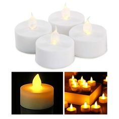 four white candles are lit in different stages and shapes, with one candle glowing yellow