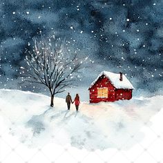 a painting of two people walking in the snow near a red house with a tree