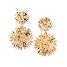 These sun flower big statement fashion earrings features beautiful double golden sun flower, light weight and comfortable to wear everyday. Add these beautiful sun flower stud earrings to your everyday fashion jewelry collection or as gift for your love one. Materials: brassFinish: gold color Jewelry Care: See more information about how to care for your jewelry here. Shipping Policy: Orders will be shipped within 1-3 business days. Economy shipping will take 7-14 days to arrive and standard ship Gold Metal Flower Earrings For Summer, Gold Flower Shaped Jewelry For Summer, Gold Flower-shaped Jewelry For Summer, Summer Gold Jewelry With Sunflower Design, Gold Jewelry With Sunflower Design For Summer, Elegant Gold Flower Earrings With Sunflower Design, Trendy Gold Sun Design Earrings, Elegant Sunflower Earrings, Elegant Sunflower Design Earrings