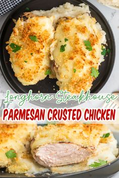 chicken parmesan crusted chicken on a black plate with text overlay that reads southern steakhouse parmesan crusted chicken