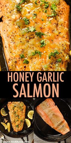 honey garlic salmon in a cast iron skillet