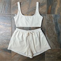 Shein Brand, Women's Size Large (8/10) New Without Tags! Crop Top And Shorts Set Ivory Cream Shorts Have Inner Liner And Drawstring Waist From A Smoke Free & Pet Free Home, Fast Shipping! A16 Cream Cotton Bottoms For Beach Season, Summer Cream Bottoms For Loungewear, Cream Summer Loungewear Bottoms, Off White Summer Loungewear Bottoms, Cheeky Shorts, Tweed Shorts, Top And Shorts Set, Black High Waisted Shorts, Cream Shorts