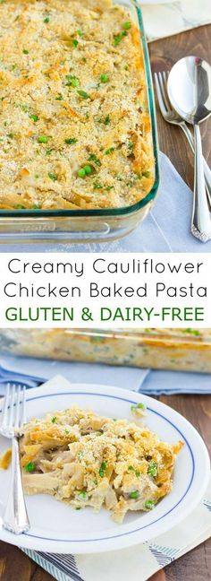 this creamy cauliflower chicken bake has been baked and is ready to be eaten