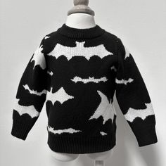 Playful Black Winter Sweater, Goth Kids Clothes, White Bats, Bat Print, Goth Kids, Goth Baby, Witching Hour, Crewneck Style, Kids Gear