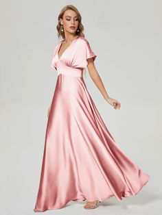 This Short Sleeves V-neck Soft Satin Wedding Guest Dress is perfect for any wedding occasion. Made with high-quality soft satin fabric, it offers both comfort and elegance. The short sleeves and v-neckline provide a timeless and flattering look for any body type. Be a stylish and comfortable wedding guest with this dress. Modest Red Carpet, Pink Bridesmaid Dresses With Sleeves, Satin Bridesmaid Dresses With Sleeves, Pink Modest Bridesmaid Dresses, Pink Satin Bridesmaid, Satin Wedding Guest Dress, Bridesmaids Dresses With Sleeves, Wedding Goodies, Damas Dresses